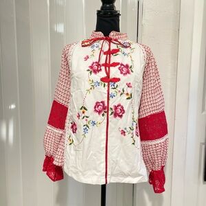 Floral Embroidered Red and White Blouse